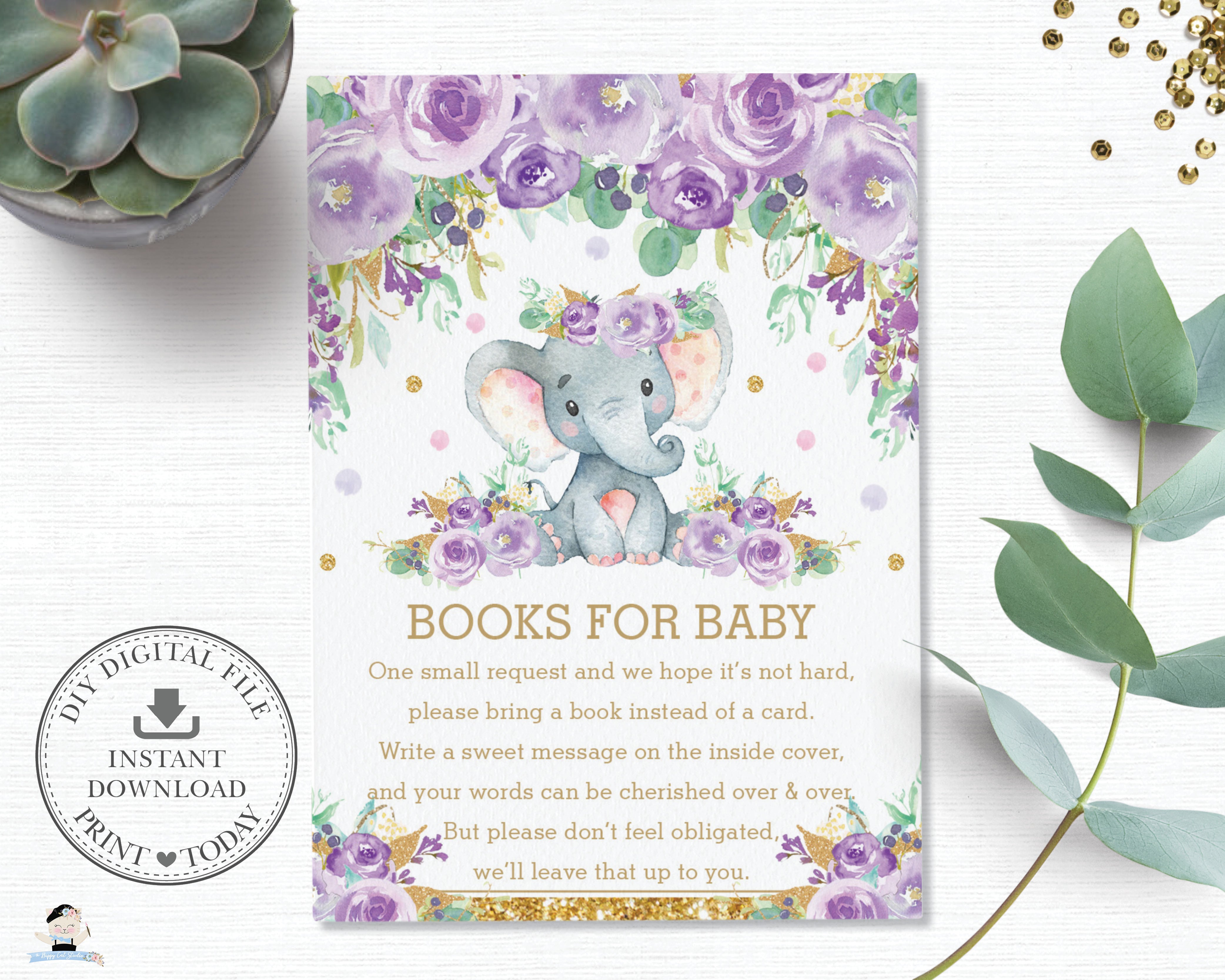 Purple Floral Elephant Baby Shower Bring a Book Instead of a Card