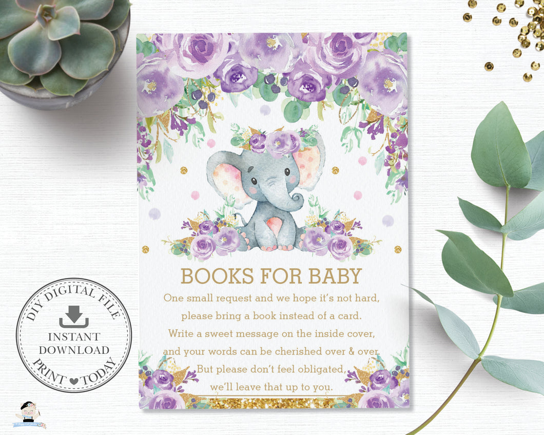 Purple Floral Elephant Baby Shower Bring a Book Instead of a Card Inserts Instant Download EP9