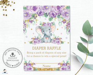Purple Floral Elephant Baby Shower Diaper Raffle Card - Instant Download - EP9