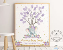 Load image into Gallery viewer, Purple Floral Elephant Fingerprint Tree Guestbook Sign Editable Template - Digital Printable File - Instant Download - EP9