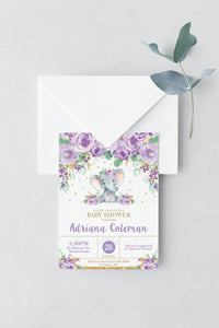Purple Floral Elephant Baby Shower Invitation Editable Template - Instant Download - EP9