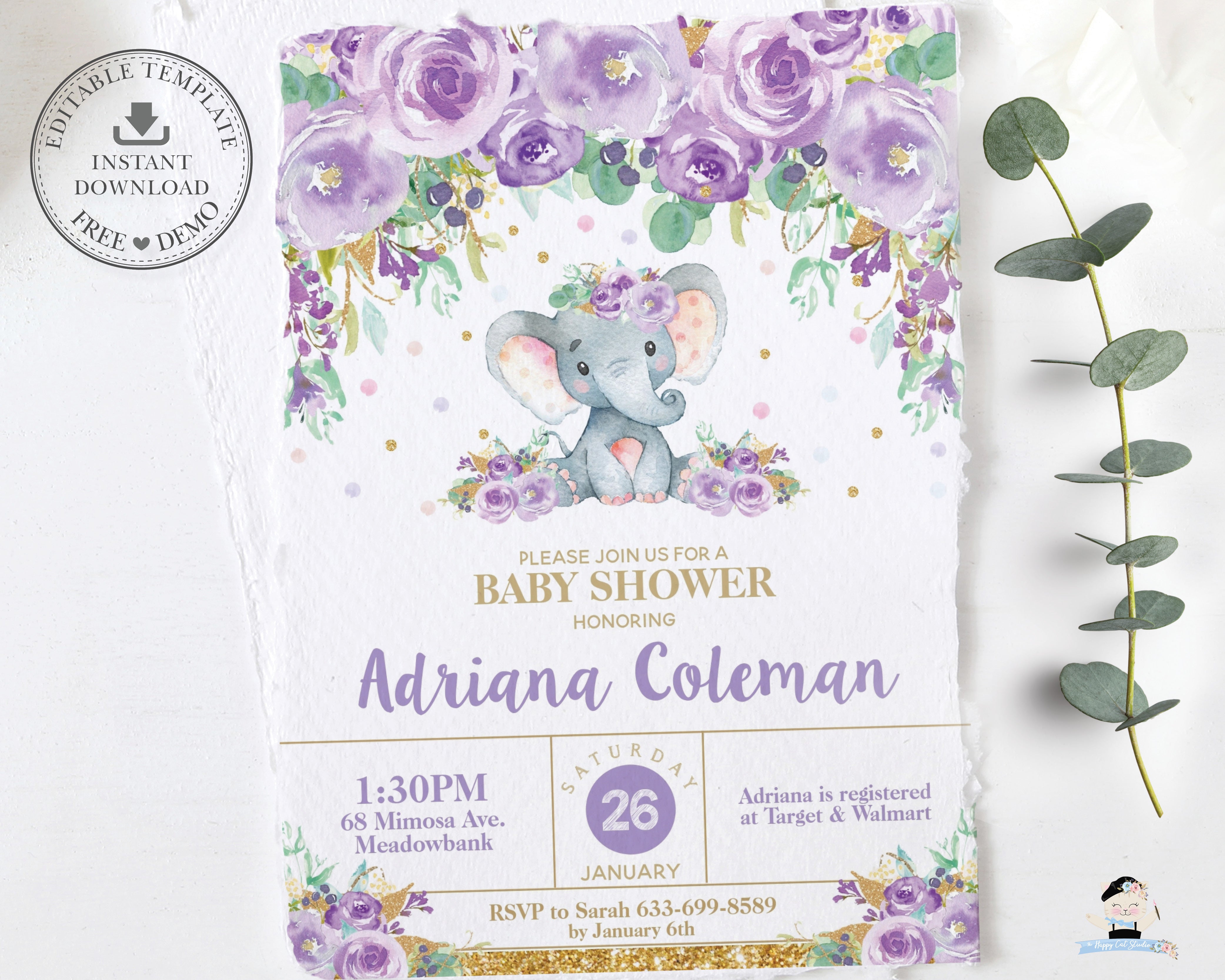 Purple Elephant Baby Shower Invitations Purple Floral Elephant
