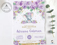 Load image into Gallery viewer, Purple Floral Elephant Baby Shower Invitation Editable Template - Instant Download - EP9