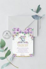 Load image into Gallery viewer, Purple Floral Elephant Baby Shower Thank You Note Card Editable Template - Instant Download - EP9