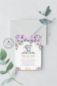 Purple Floral Elephant Baby Shower Thank You Note Card Editable Template - Instant Download - EP9