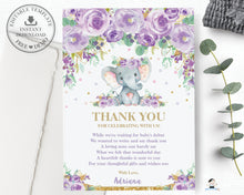 Load image into Gallery viewer, Purple Floral Elephant Baby Shower Thank You Note Card Editable Template - Instant Download - EP9
