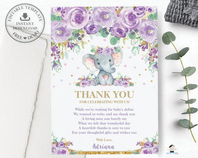 Purple Floral Elephant Baby Shower Thank You Note Card Editable Template - Instant Download - EP9