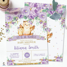 Load image into Gallery viewer, Whimsical Purple Floral Owl Baby Shower Invitation Editable Template - Instant Download - Digital Printable File - OW3