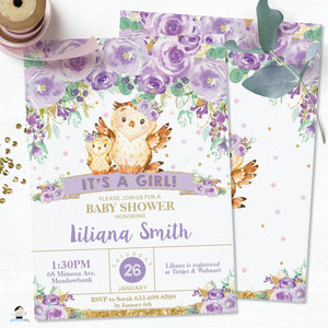 Whimsical Purple Floral Owl Baby Shower Invitation Editable Template - Instant Download - Digital Printable File - OW3