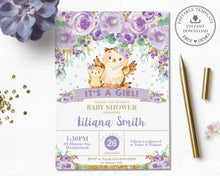 Load image into Gallery viewer, Whimsical Purple Floral Owl Baby Shower Invitation Editable Template - Instant Download - Digital Printable File - OW3
