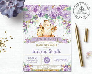 Whimsical Purple Floral Owl Baby Shower Invitation Editable Template - Instant Download - Digital Printable File - OW3