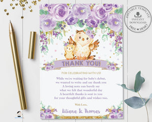 Chic Purple Floral Owl Baby Shower Thank You Note Card Editable Template - Instant Download - Digital Printable File - OW3