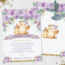 Load image into Gallery viewer, Chic Purple Floral Owl Baby Shower Thank You Note Card Editable Template - Instant Download - Digital Printable File - OW3