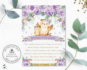 Purple Floral Owl Baby Shower Bring a Book Instead of a Card Inserts - Instant Download - OW3