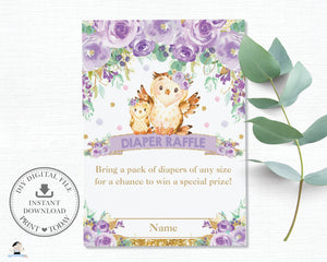 Purple Floral Owl Baby Shower Diaper Raffle Card - Instant Download - OW3