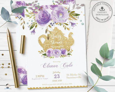 Chic Purple Floral Baby Shower High Tea Party Invitation - Editable Template - Digital Printable File - Instant Download - TP4