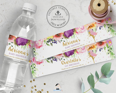 Chic Purple Pink Floral Fairy Water Bottle Wrapper Labels Editable Template Digital Printable File Instant Download FF2