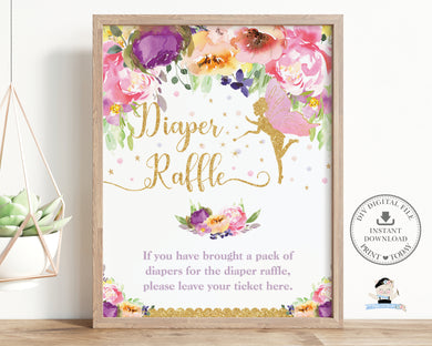 Diaper Raffle Sign, INSTANT DOWNLOAD, Fairy Purple Pink Yellow Floral Baby Shower Gold Glitter, Bring Diapers Decoration PDF Printable, FF2