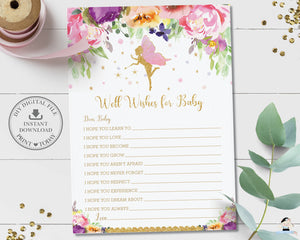 Purple Floral Fairy Well Wishes Card and Sign Baby Shower Game Activity - Instant Download - Digital Printable File - FF2