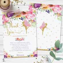 Load image into Gallery viewer, Purple Floral Fairy Baby Shower Birthday Thank You Note Card - Editable Template - Digital Printable File - Instant Download - FF2