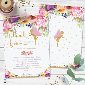 Purple Floral Fairy Baby Shower Birthday Thank You Note Card - Editable Template - Digital Printable File - Instant Download - FF2