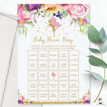 Load image into Gallery viewer, Purple Floral Fairy Baby Shower Bingo Game Fun Activity Prefilled - Instant Download Printable File - Digital Printable - FF2