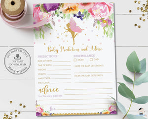 Purple Floral Fairy Baby Shower Baby Predictions and Advice Game Fun Activity US Spelling - Instant Download Printable File - Digital Printable - FF2