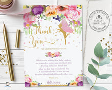 Load image into Gallery viewer, Purple Floral Fairy Baby Shower Birthday Thank You Note Card - Editable Template - Digital Printable File - Instant Download - FF2
