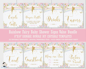 Rainbow Fairy Tabletop Sign Bundle, EDITABLE TEMPLATE, Pink Blue Floral Gold Girl Baby Shower Birthday Printable Signs, INSTANT Download FF5