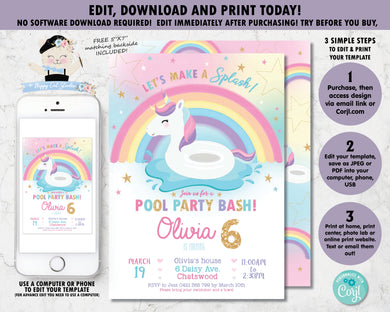 Unicorn Pool Birthday Party Invitation - Instant EDITABLE TEMPLATE - UF1