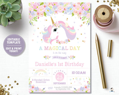 Rainbow Unicorn Pastel Floral 1st Birthday Party Invitation Editable Template Digital Printable File - Instant Download - UB8