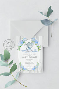 Rustic Elephant Blue Floral Baby Shower Boy Invitation Editable Template - Instant Download - Digital Printable File - EP4