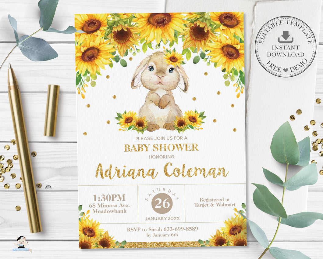 Sunflower Floral Cute Bunny Rabbit Baby Shower Invitation Editable Template - Digital Printable File - Instant Download - CB7
