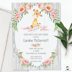 Rustic Floral Giraffe Baby Shower Girl Invitation Editable Template - Instant Download - GF1
