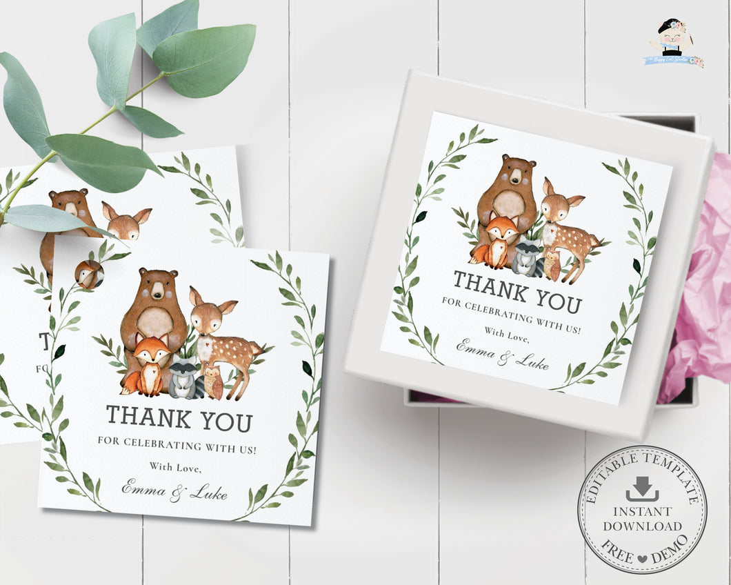 Rustic Greenery Woodland Animals Thank You Favor Square Tags Labels - Editable Template - Instant Download - Digital Printable File - WG7