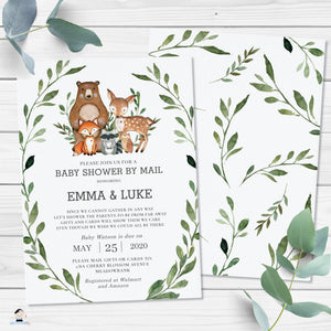 Rustic Greenery Woodland Animals Virtual Baby Shower by Mail Invitation Editable Template - Instant Download - Digital Printable File - WG7