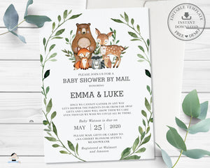 Rustic Greenery Woodland Animals Virtual Baby Shower by Mail Invitation Editable Template - Instant Download - Digital Printable File - WG7