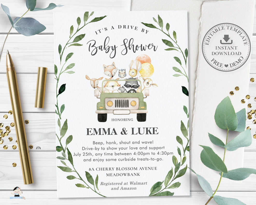 Drive By Baby Shower Cute Woodland Animals Invitation - Editable Template - Digital Printable File - Instant Download