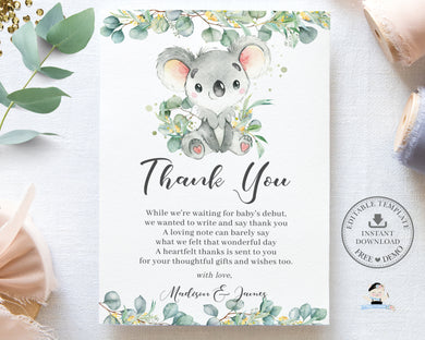 Cute Koala Eucalyptus Greenery Birthday Baby Shower Thank You Card Editable Template - Instant Download - Digital Printable File - AU2