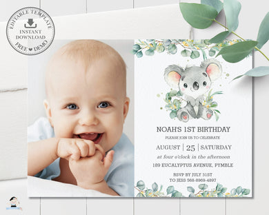 Cute Koala Eucalyptus Greenery Birthday Photo Invitation Editable Template - Instant Dowload - Digital Printable File - AU2