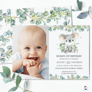 Cute Koala Eucalyptus Greenery Birthday Photo Invitation Editable Template - Instant Dowload - Digital Printable File - AU2