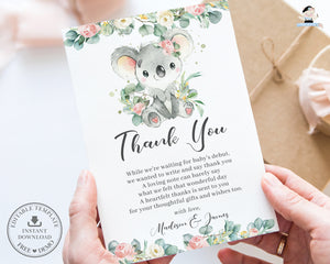Cute Koala Pink Floral Eucalyptus 1st Birthday Baby Shower Thank You Card Editable Template - Instant Download - Digital Printable File - AU2