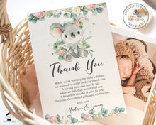 Load image into Gallery viewer, Cute Koala Pink Floral Eucalyptus 1st Birthday Baby Shower Thank You Card Editable Template - Instant Download - Digital Printable File - AU2
