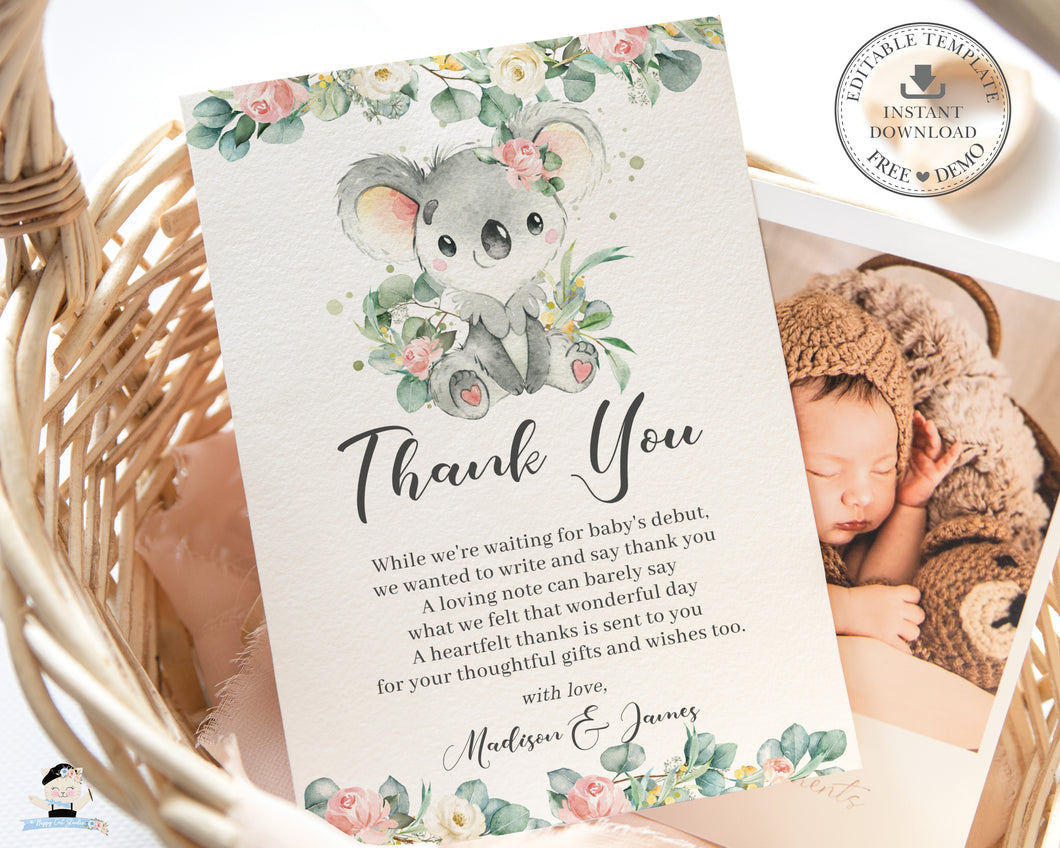Cute Koala Pink Floral Eucalyptus 1st Birthday Baby Shower Thank You Card Editable Template - Instant Download - Digital Printable File - AU2