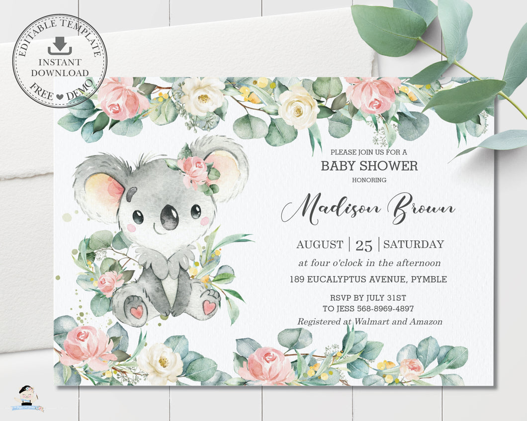 Cute Koala Pink Floral Eucalyptus Greenery Baby Shower Invitation Editable Template - Instant Dowload - Digital Printable File - AU2