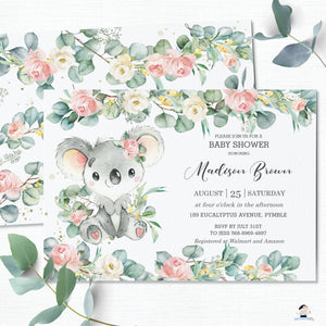 Cute Koala Pink Floral Eucalyptus Greenery Baby Shower Invitation Editable Template - Instant Dowload - Digital Printable File - AU2