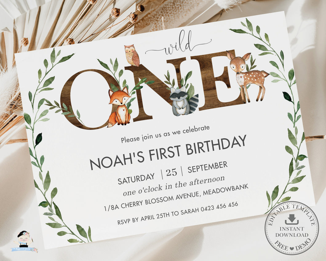 Rustic Greenery Woodland Animals ONE 1st Birthday Invitation Editable – The Happy Cat Studio rustic-greenery-woodland-animals-one-1st-birthday-invitation-editable-the-happy-cat-studio