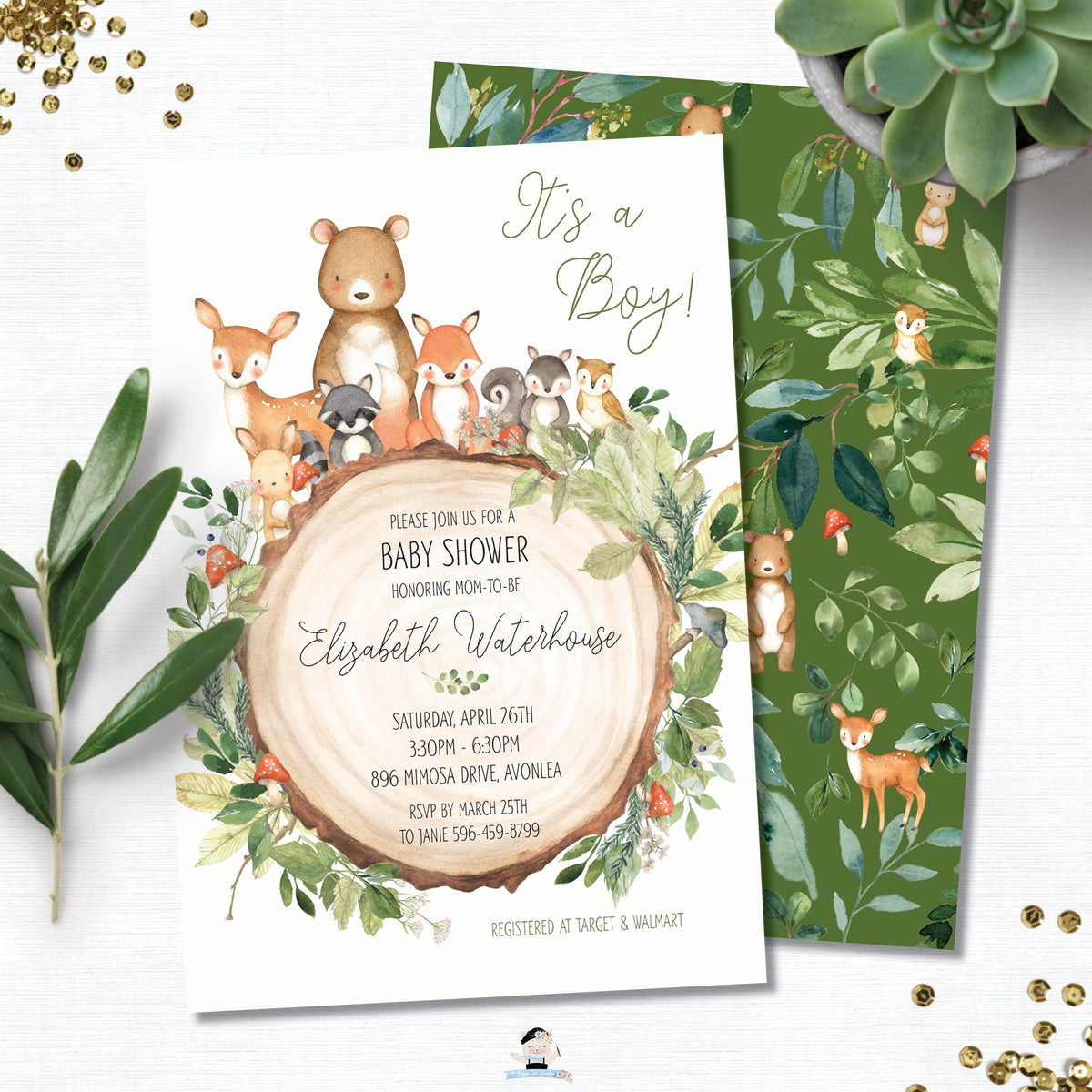 Rustic Greenery Woodland Animals Baby Shower Invitation Editable Templ ...