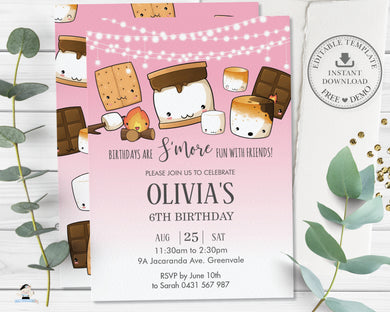 Cute Kawaii S'mores Pink Camping Birthday Invitation Editable Template - Digital Printable File - Instant Download - KW1