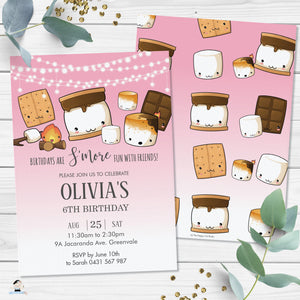 Cute Kawaii S'mores Pink Camping Birthday Invitation Editable Template - Digital Printable File - Instant Download - KW1